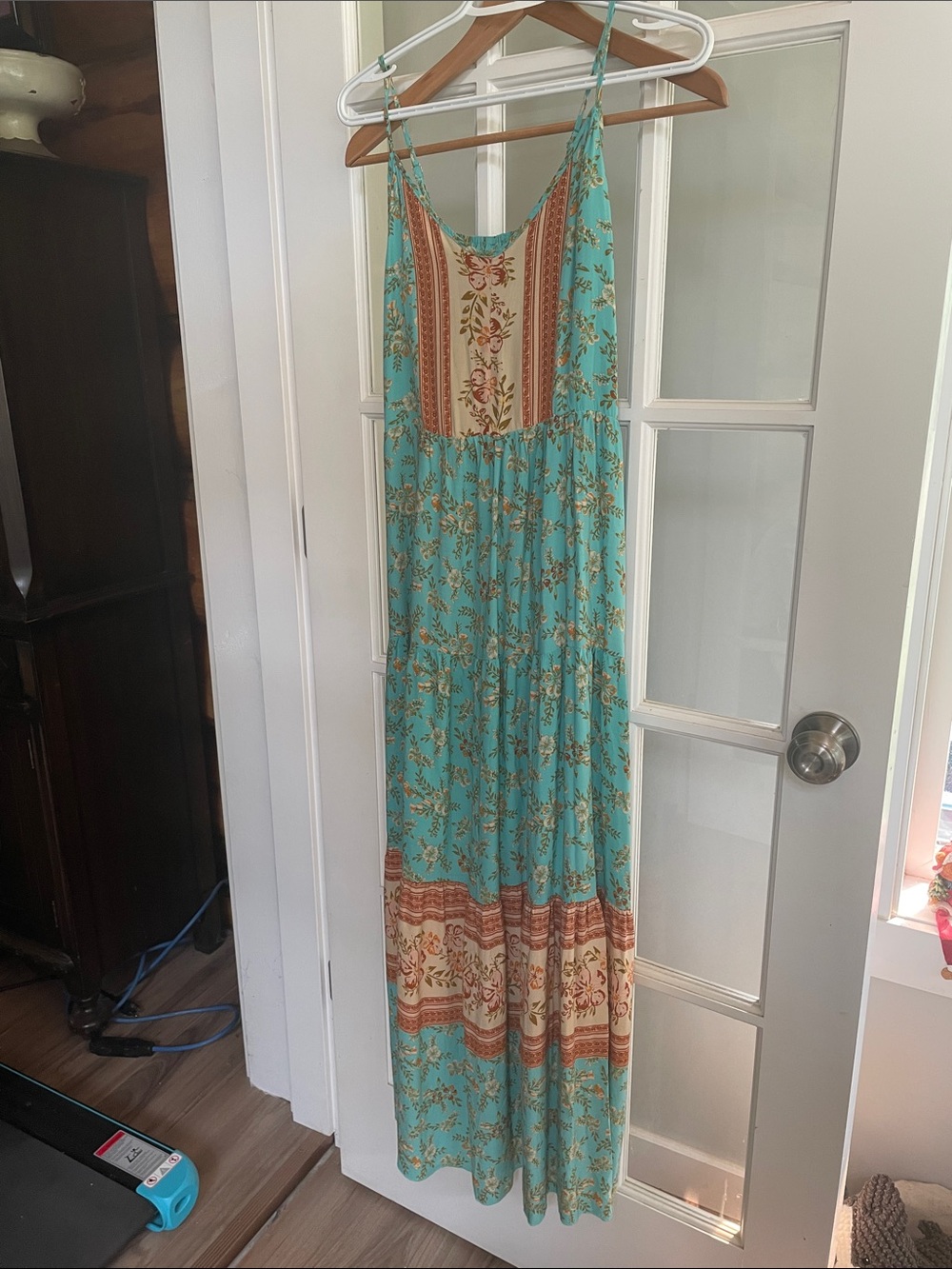 Boho Floral Maxi Dress in Aqua and Tan